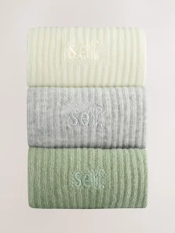 self. Cropped Ankle Embroidered Logo Gripper Socks 3 Pack Sage Green/Cream/Grey Hot