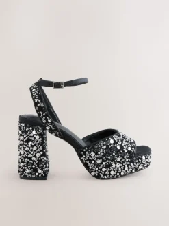 Next Sequin Forever Comfort® Square Toe Sequin Block Heeled Sandals Online