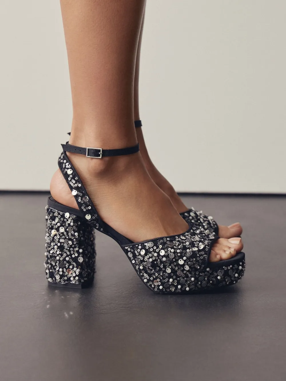 Next Sequin Forever Comfort® Square Toe Sequin Block Heeled Sandals Online