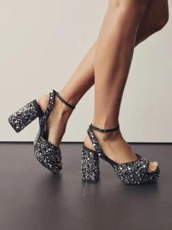 Next Sequin Forever Comfort® Square Toe Sequin Block Heeled Sandals Online