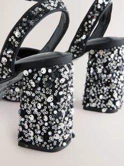 Next Sequin Forever Comfort® Square Toe Sequin Block Heeled Sandals Online