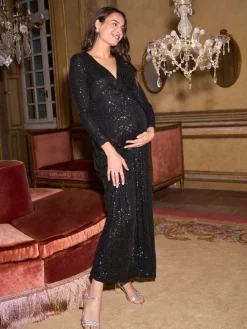 Seraphine Black Sparkle Knot Front Sequin Maternity Maxi Dress Clearance