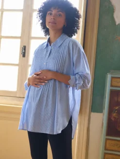 Seraphine Blue & White Stripe Maternity Pintuck Shirt Clearance