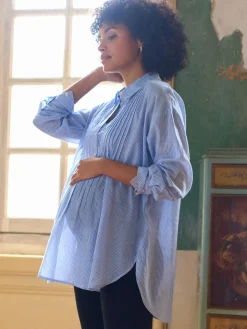 Seraphine Blue & White Stripe Maternity Pintuck Shirt Clearance
