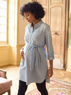 Seraphine Blue Denim Maternity & Nursing Chambray Shirt Dress Clearance