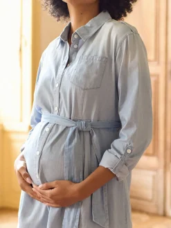 Seraphine Blue Denim Maternity & Nursing Chambray Shirt Dress Clearance