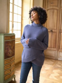 Seraphine Premium Cashmere Blend Maternity & Nursing Roll Neck Jumper Blue Discount