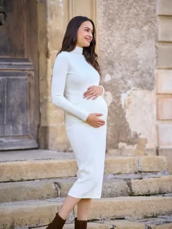 Seraphine Cream Maternity Premium Rib Knit and Nursing Dress Sale