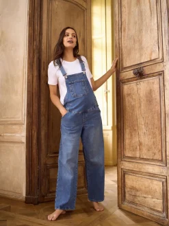 Seraphine Mid Blue Wash Maternity Wide Leg Dungarees