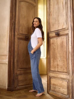 Seraphine Mid Blue Wash Maternity Wide Leg Dungarees