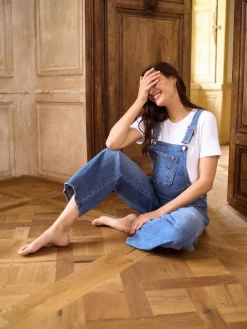 Seraphine Mid Blue Wash Maternity Wide Leg Dungarees