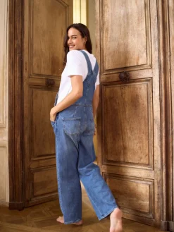 Seraphine Mid Blue Wash Maternity Wide Leg Dungarees