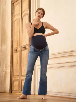 Seraphine Mid Blue Wash Premium Organic Maternity Overbump Flared Jeans Best