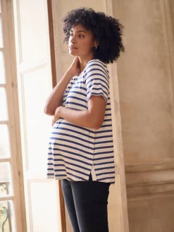 Seraphine Navy & White Stripe Maternity & Nursing Short Sleeve T-Shirt Sale