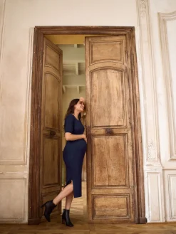 Seraphine Ribbed Maternity And Nursing Midi Dress Navy Blue