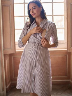Seraphine Taupe & White Stripe Maternity & Nursing Midi Wrap Shirt Dress Online