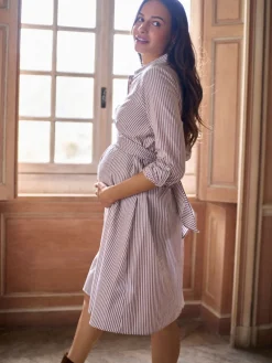 Seraphine Taupe & White Stripe Maternity & Nursing Midi Wrap Shirt Dress Online