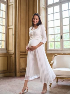 Seraphine White Ivory Occasion Maternity & Nursing Bridal Dress With Tweed Bodice & Floaty Pleated Skirt Outlet