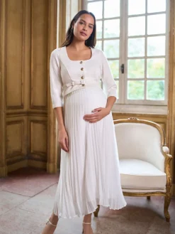 Seraphine White Ivory Occasion Maternity & Nursing Bridal Dress With Tweed Bodice & Floaty Pleated Skirt Outlet