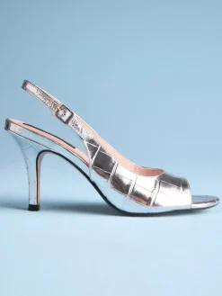 Next Tabitha Simmons X Ivy Peep Toe Sling Back Heels Silver Croc Embossed Online