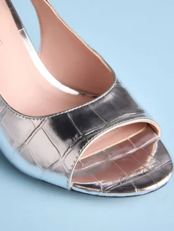 Next Tabitha Simmons X Ivy Peep Toe Sling Back Heels Silver Croc Embossed Online