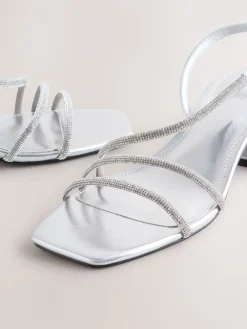 Next Forever Comfort Square Toe Jewelled Strappy Block Heeled Sandals Silver Best