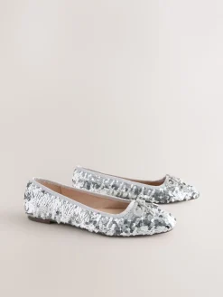 Next Silver Sequin Standard/Wide Fit Round Toe Ballerina Shoes Hot