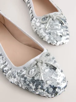 Next Silver Sequin Standard/Wide Fit Round Toe Ballerina Shoes Hot
