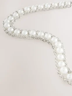 Next Chain Belt Silver Tone Pearl Bead Hot