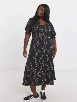 Simply Be Black Floral Print Supersoft V-Neck Midi Dress