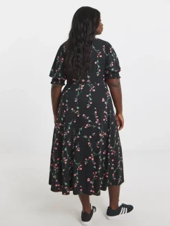 Simply Be Black Floral Print Supersoft V-Neck Midi Dress