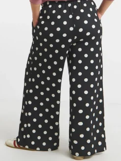 Simply Be Textured Jersey Drawstring Wide Leg Trousers Black Polka Dot Clearance