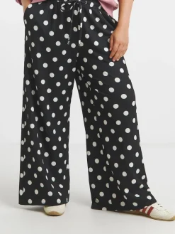 Simply Be Textured Jersey Drawstring Wide Leg Trousers Black Polka Dot Clearance