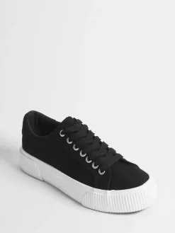 Simply Be Wide Fit Canvas Chunky Ribbed Sole Trainers Black New