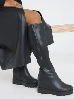 Simply Be Wide Fit Stretch Wedge Knee High Boots Black Discount