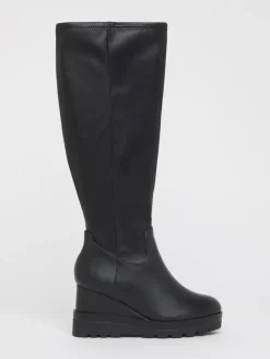 Simply Be Wide Fit Stretch Wedge Knee High Boots Black Discount