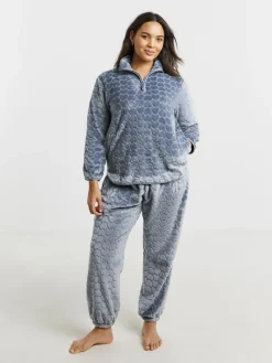 Simply Be Blue Pretty Secrets Heart Print Quarter Zip Fleece Twosie Pyjama Set Sale