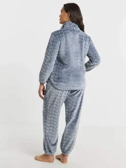 Simply Be Blue Pretty Secrets Heart Print Quarter Zip Fleece Twosie Pyjama Set Sale