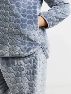 Simply Be Blue Pretty Secrets Heart Print Quarter Zip Fleece Twosie Pyjama Set Sale