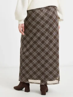 Simply Be Brown Check Print Mesh Midaxi Skirt Hot