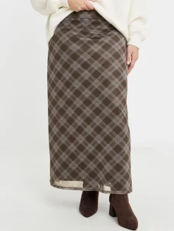 Simply Be Brown Check Print Mesh Midaxi Skirt Hot