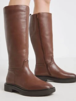 Simply Be Wide Fit Leather Knee High Riding Boots Brown Clearance