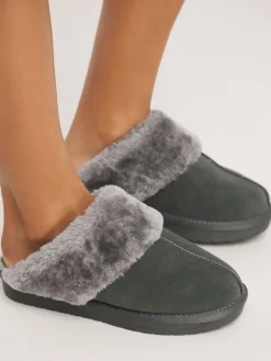 Simply Be Standard Fit Faux Fur Lined Suede Mule Slippers Dark Grey Best