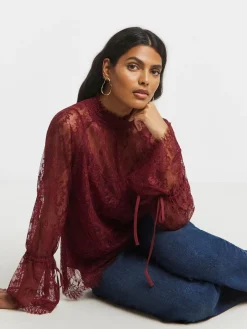 Simply Be Red Eyelash Lace Top With Sleeve Detail Discount