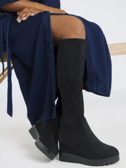 Simply Be Wide Fit Stretch Wedge Knee High Boots Soft Black Best