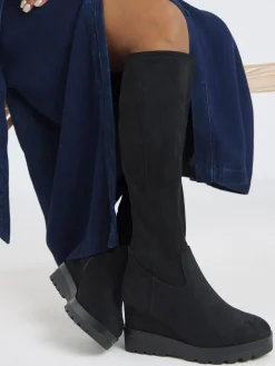 Simply Be Wide Fit Stretch Wedge Knee High Boots Soft Black