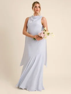 Six Stories Blue High Cowl Neck Drape Crepe Bridesmaid Dress Online