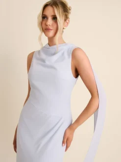 Six Stories Blue High Cowl Neck Drape Crepe Bridesmaid Dress Online