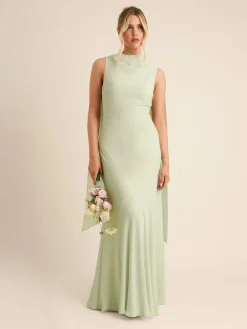 Six Stories Green High Cowl Neck Drape Crepe Bridesmaid Dress Hot