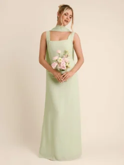 Six Stories Green Square Neck Crepe Bridesmaid Dress with Neck Scarf Outlet